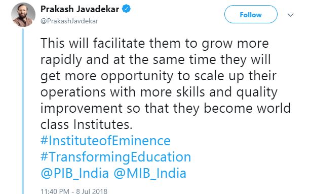 MHRD Minister Prakash Javadekar's Tweet MHRD Minister Prakash Javadekar's Tweet
