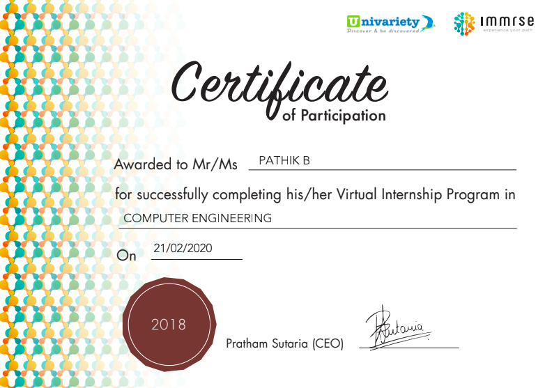 immerse Virtual internship program Certificate