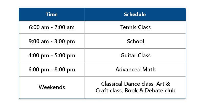 Time Table With Extracurricular Activities